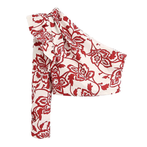 2023 Women Print Ruffled Short Blouses Vintage Asymmetric Neck One Sleeve Shirts Girls Casual Chic Tops