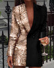 2022 Women Office Dress Colorblock Patchwork Long Sleeve Blazer Dress V Neck Sequins Double Breasted Blazer Dress