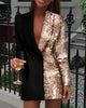 2022 Women Office Dress Colorblock Patchwork Long Sleeve Blazer Dress V Neck Sequins Double Breasted Blazer Dress