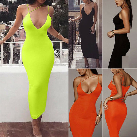 2022 Women Sexy Bodycon Sleeveless Strap Deep V-neck Dress Hollow Out Solid Clubwear Party Long Maxi Dress Sundress