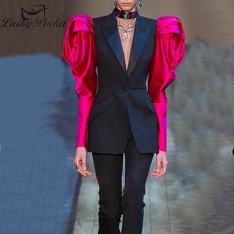 2023 Women Spring High Street Hit Color Spliced Blazers Female Brand Slim Outerwear Ladies Puff Sleeve Coats  ML246