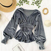 2023 autumn winter women chic V-neck long-sleeve waist joker velvet lantern sleeve blouse female solid elegant shirts tops
