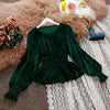 2023 autumn winter women chic V-neck long-sleeve waist joker velvet lantern sleeve blouse female solid elegant shirts tops