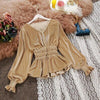 2023 autumn winter women chic V-neck long-sleeve waist joker velvet lantern sleeve blouse female solid elegant shirts tops