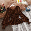 2023 autumn winter women chic V-neck long-sleeve waist joker velvet lantern sleeve blouse female solid elegant shirts tops