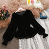 2023 autumn winter women chic V-neck long-sleeve waist joker velvet lantern sleeve blouse female solid elegant shirts tops
