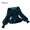 2023 autumn winter women chic V-neck long-sleeve waist joker velvet lantern sleeve blouse female solid elegant shirts tops