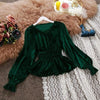 2023 autumn winter women chic V-neck long-sleeve waist joker velvet lantern sleeve blouse female solid elegant shirts tops