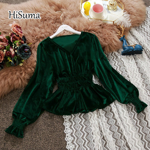 2023 autumn winter women chic V-neck long-sleeve waist joker velvet lantern sleeve blouse female solid elegant shirts tops