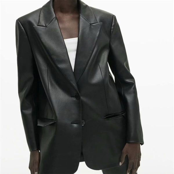 2022 autumn women style lapel long-sleeved long-sleeved back hem, split-breasted, imitation leather loose casual blazer