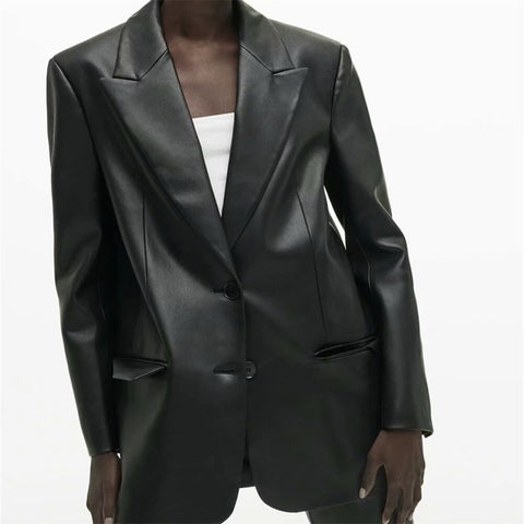2022 autumn women style lapel long-sleeved long-sleeved back hem, split-breasted, imitation leather loose casual blazer