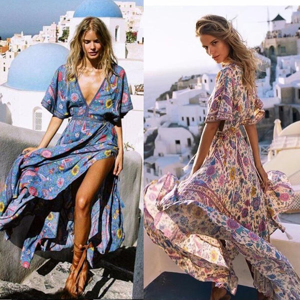 2022 cotton Thai holiday V-neck cardigan bandage dress printed beach skirt