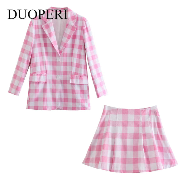 2022 2 piece set suit Blazer Women Checkered  Elegant High Chic Lady two piece blazer skirt set Woman