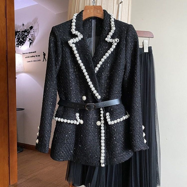 2023 Autum Niwnter Women Elegant Suit Female Tweed Beading Blazer High Waist Mesh Skirt 2 Piece Set Lady Casual Solid Set L826