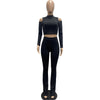 2023 Autumn And Winter Women's Solid Color Pit Strip Stand Collar Off Shoulder Flared Pants Two-Piece Set