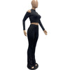 2023 Autumn And Winter Women's Solid Color Pit Strip Stand Collar Off Shoulder Flared Pants Two-Piece Set