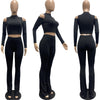 2023 Autumn And Winter Women's Solid Color Pit Strip Stand Collar Off Shoulder Flared Pants Two-Piece Set