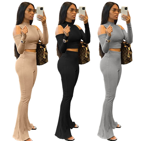 2023 Autumn And Winter Women's Solid Color Pit Strip Stand Collar Off Shoulder Flared Pants Two-Piece Set