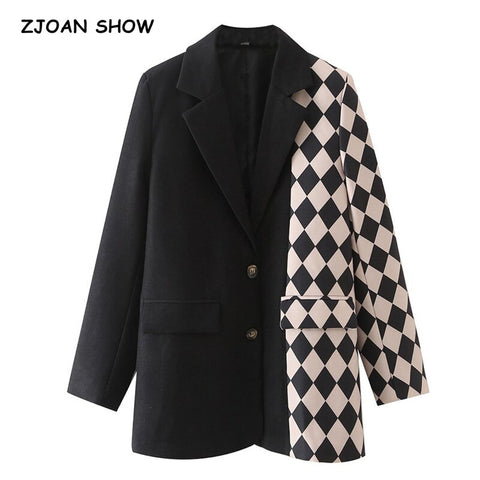 2022 Autumn Black Stitching Beige Check Gingham Plaid Blazer Boyfriend friend style Women Contrast color Suit Coat Femme