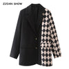 2022 Autumn Black Stitching Beige Check Gingham Plaid Blazer Boyfriend friend style Women Contrast color Suit Coat Femme