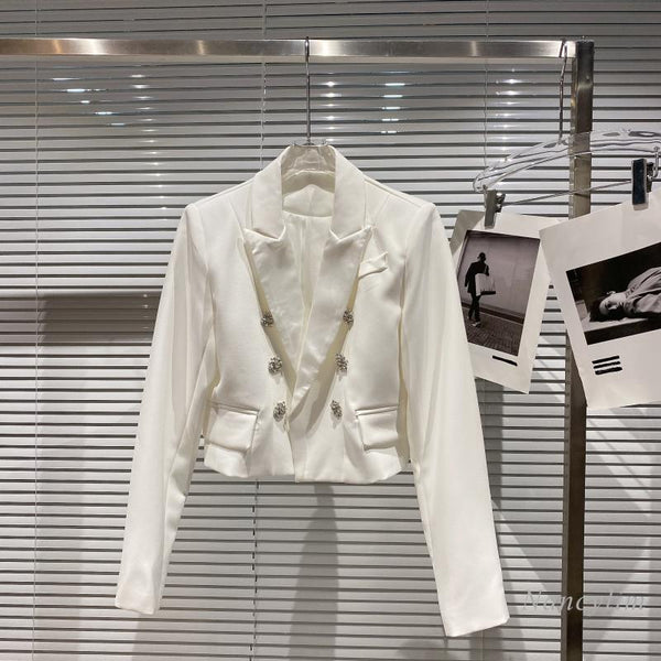 2023 Autumn Blazer Woman Double Breasted Rhinestone Suit Collar Short Coat White Black Nancylim