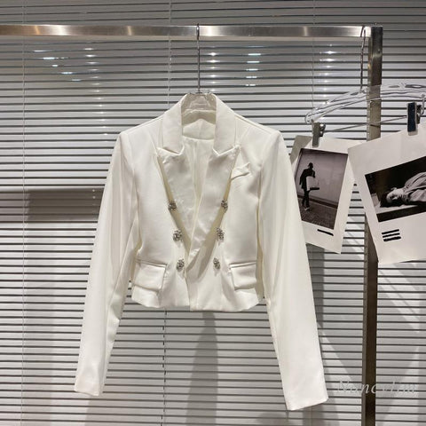 2023 Autumn Blazer Woman Double Breasted Rhinestone Suit Collar Short Coat White Black Nancylim