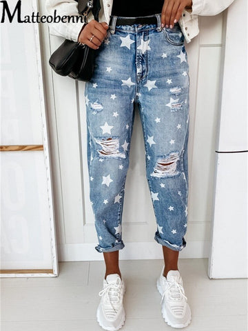 2022 Autumn Boyfriend Jeans Woman Slim Hole Jeans For Ladies With Five-Pointed Star Ripped Jeans Street Casual Blue Denim Pants