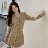 2022 Autumn Casual Elegant Two Piece Set Woman High Street Korean Skirt Suits Long Sleeve Coat Design Mini Pleated Skirt