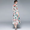 2022 Autumn Chiffon Rose Flower Dress Women's Bow Tie Collar Lantern Sleeve Floral Print Lace Up High Waist Long Midi Vestidos