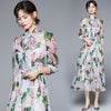 2022 Autumn Chiffon Rose Flower Dress Women's Bow Tie Collar Lantern Sleeve Floral Print Lace Up High Waist Long Midi Vestidos