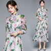 2022 Autumn Chiffon Rose Flower Dress Women's Bow Tie Collar Lantern Sleeve Floral Print Lace Up High Waist Long Midi Vestidos