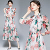 2022 Autumn Chiffon Rose Flower Dress Women's Bow Tie Collar Lantern Sleeve Floral Print Lace Up High Waist Long Midi Vestidos
