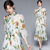 2022 Autumn Chiffon Rose Flower Dress Women's Bow Tie Collar Lantern Sleeve Floral Print Lace Up High Waist Long Midi Vestidos