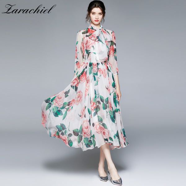 2022 Autumn Chiffon Rose Flower Dress Women's Bow Tie Collar Lantern Sleeve Floral Print Lace Up High Waist Long Midi Vestidos