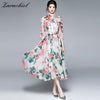 2022 Autumn Chiffon Rose Flower Dress Women's Bow Tie Collar Lantern Sleeve Floral Print Lace Up High Waist Long Midi Vestidos
