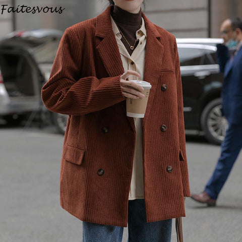 2023 Autumn Corduroy Blazers Women Winter Korean Casual Thick Blazers Female Vintage Loose Double Breasted Jackets