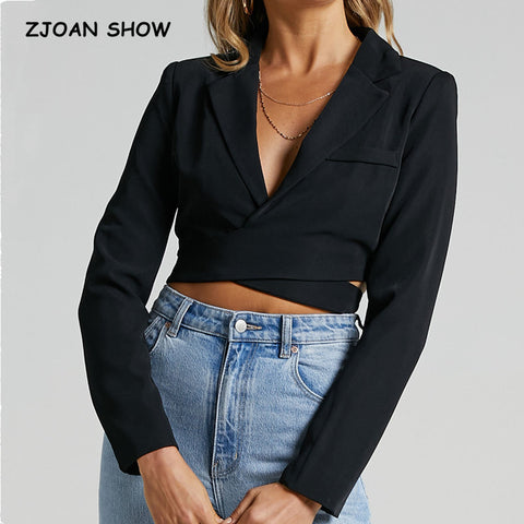 2023 Autumn Cross Notched Collar Back Button Cropped Blazer Black Vintage Women High Waist Suit Cool Girl Coat Outwear