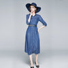 2022 Autumn Denim Dress  Women Turn-down Collar Three Quarter Sleeve Single-breasted Dress Femme Long Party Robe New