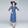 2022 Autumn Denim Dress  Women Turn-down Collar Three Quarter Sleeve Single-breasted Dress Femme Long Party Robe New