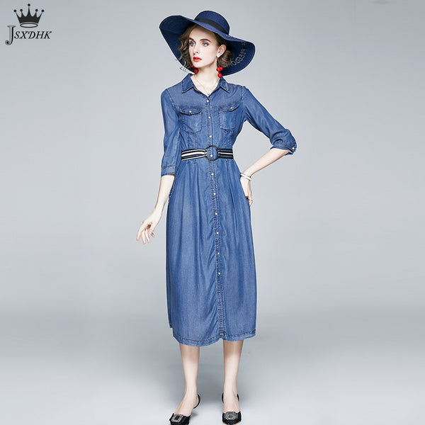 2022 Autumn Denim Dress  Women Turn-down Collar Three Quarter Sleeve Single-breasted Dress Femme Long Party Robe New