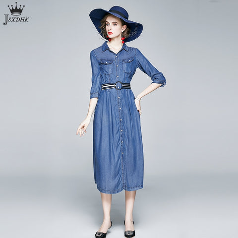 2022 Autumn Denim Dress  Women Turn-down Collar Three Quarter Sleeve Single-breasted Dress Femme Long Party Robe New