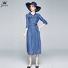 2022 Autumn Denim Dress  Women Turn-down Collar Three Quarter Sleeve Single-breasted Dress Femme Long Party Robe New