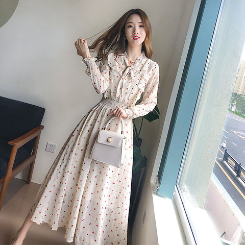2022 Autumn Dress Women V Neck Bow Tie Chiffon Floral Dresses Elegant French Style Slim Waist Hearts Printed Long Sleeve Dresses
