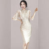 2022 Autumn Elegant Lace Dress Women O-Neck 3/4 sleeve Ruffle Bodycon Pencil Dress Korean Temperament Slim Work Party Vestidos