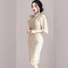 2022 Autumn Elegant Lace Dress Women O-Neck 3/4 sleeve Ruffle Bodycon Pencil Dress Korean Temperament Slim Work Party Vestidos