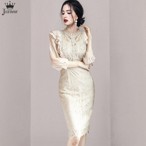 2022 Autumn Elegant Lace Dress Women O-Neck 3/4 sleeve Ruffle Bodycon Pencil Dress Korean Temperament Slim Work Party Vestidos