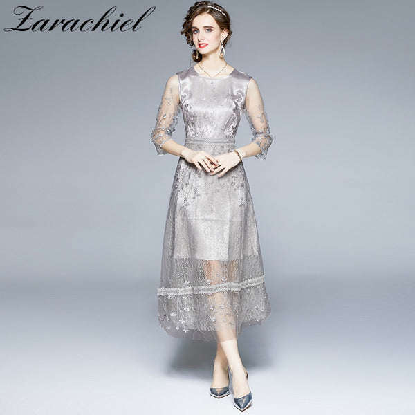 2022 Autumn Elegant Mesh Party Dress Women's 3/4 Sleeve O Neck Solid Lace Flowers Embroidery A Line Vintage Evening Vestidos