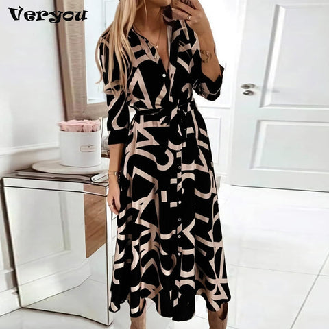 2022 Autumn Elegant Shirt Dress Women Button Long Sleeve Tunic Midi Dress Ladies Office V Neck Print Party Dresses For Women