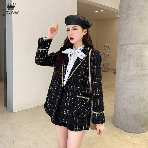 2023 Autumn Elegant Tweed Two Piece Set  Women Notched Double Breasted Suit Coat + High Waist Wide Leg Pants Shorts