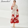 2022 Autumn Designer Runway Long Dress Women Bowtie Collar 3/4 Sleeve Flower Print Buttons Elegant Chiffon Party Vestido